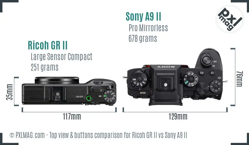 Ricoh GR II vs Sony A9 II top view buttons comparison