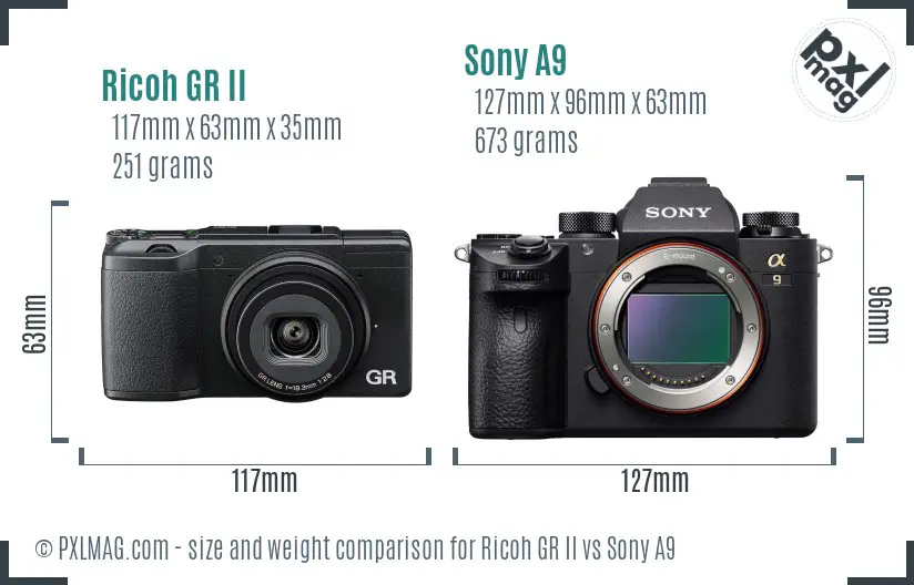 Ricoh GR II vs Sony A9 size comparison