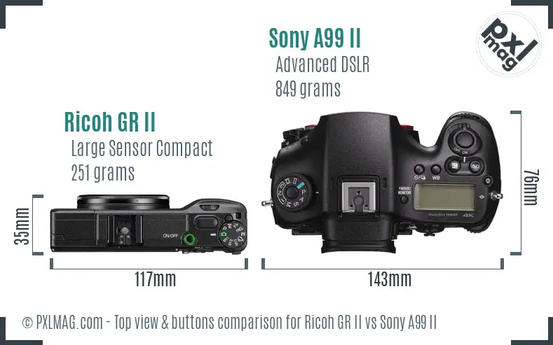 Ricoh GR II vs Sony A99 II top view buttons comparison