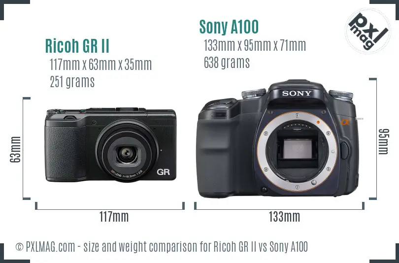 Ricoh GR II vs Sony A100 size comparison