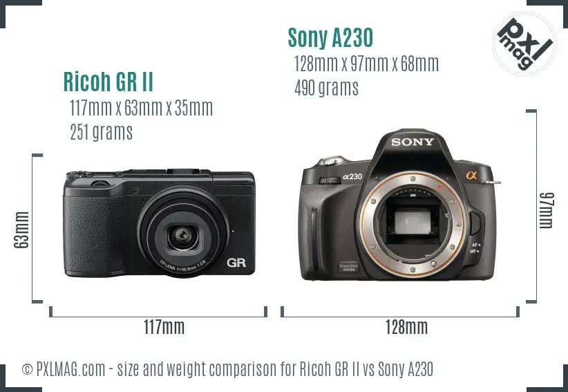 Ricoh GR II vs Sony A230 size comparison