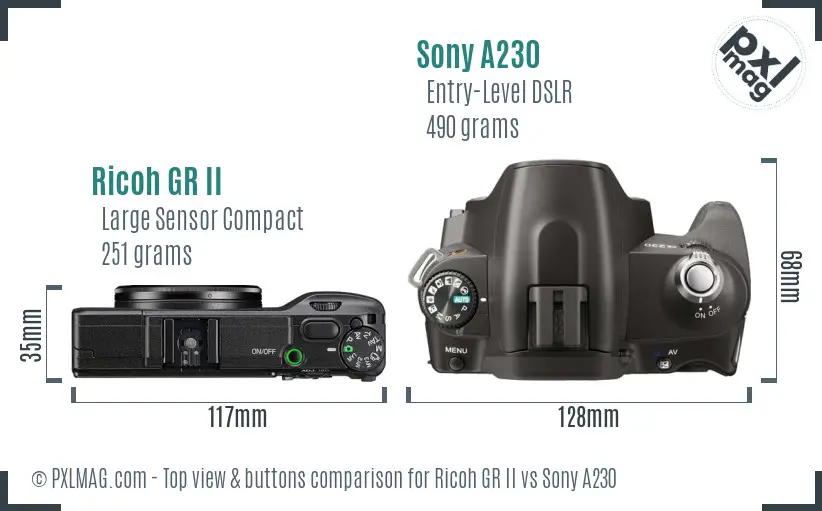 Ricoh GR II vs Sony A230 top view buttons comparison