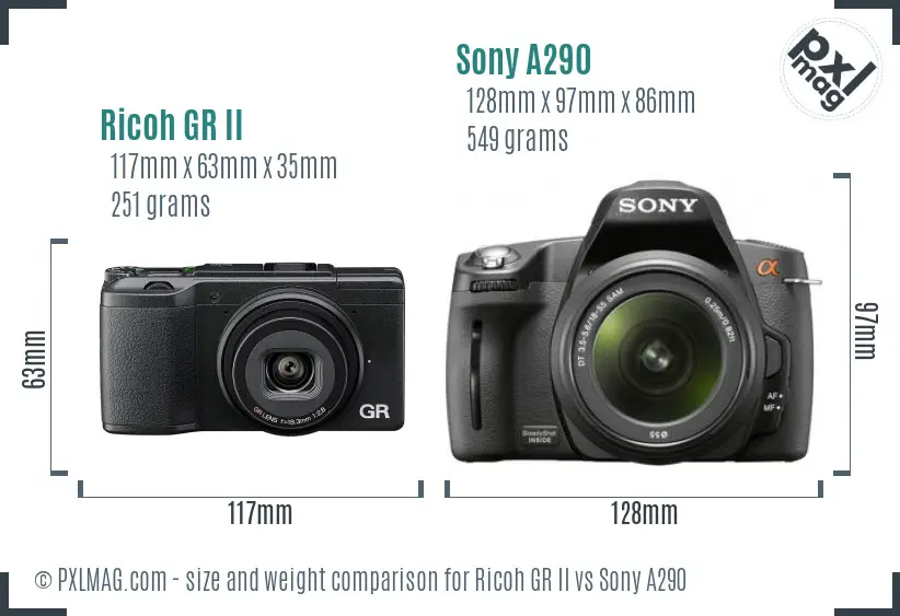 Ricoh GR II vs Sony A290 size comparison