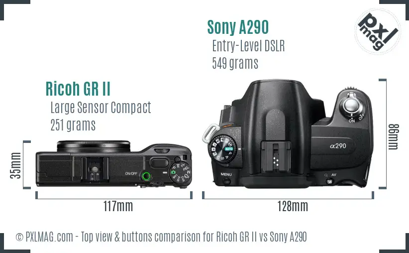 Ricoh GR II vs Sony A290 top view buttons comparison