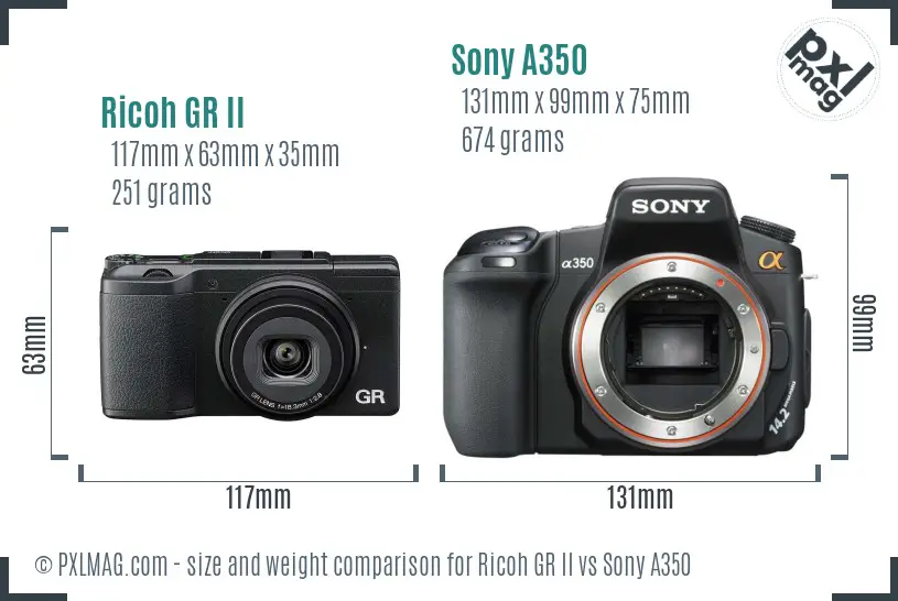 Ricoh GR II vs Sony A350 size comparison