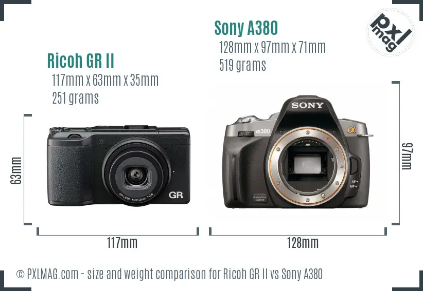 Ricoh GR II vs Sony A380 size comparison