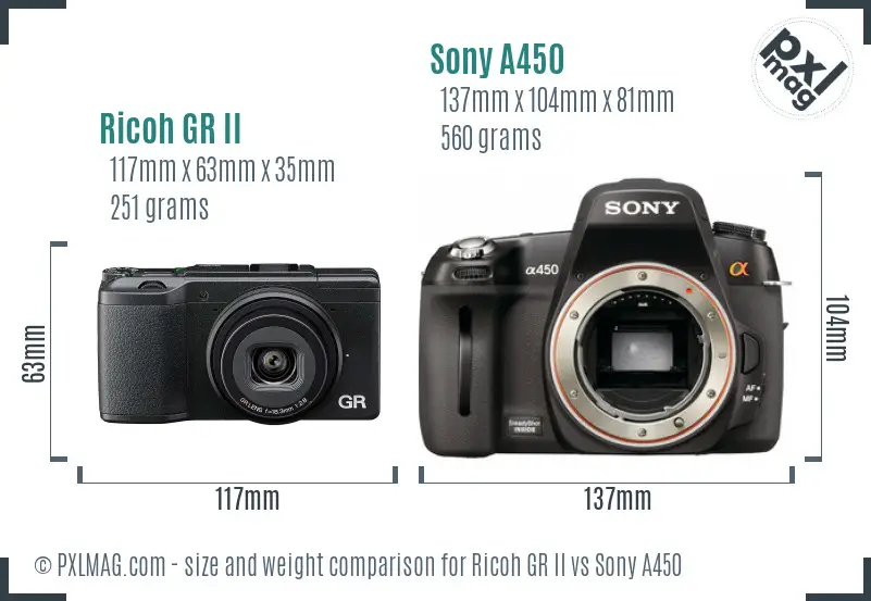 Ricoh GR II vs Sony A450 size comparison
