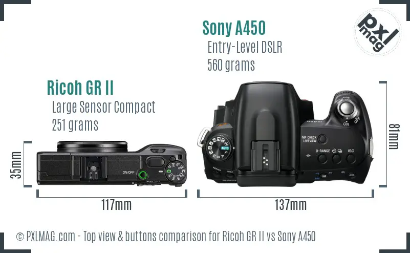Ricoh GR II vs Sony A450 top view buttons comparison