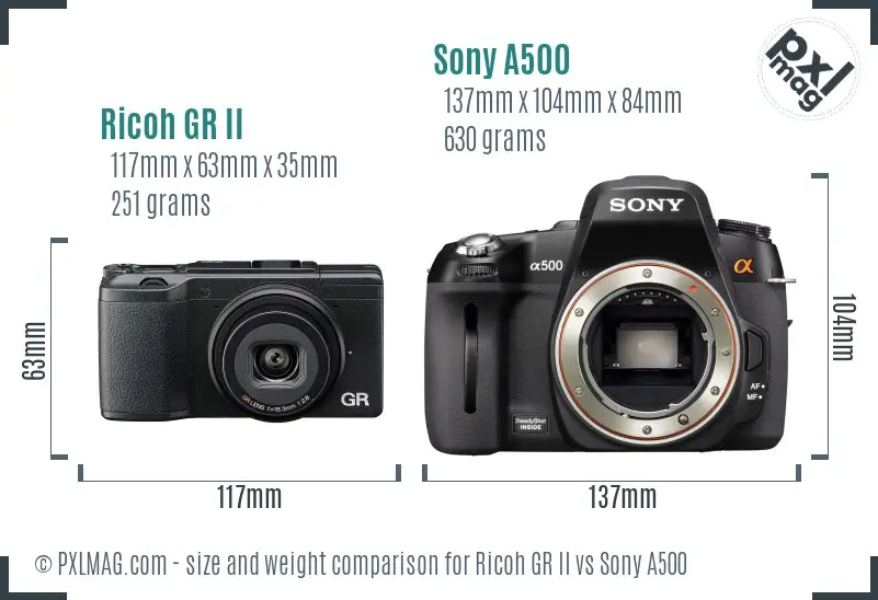 Ricoh GR II vs Sony A500 size comparison