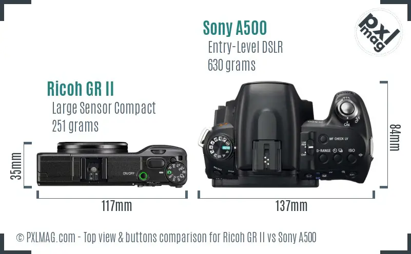 Ricoh GR II vs Sony A500 top view buttons comparison