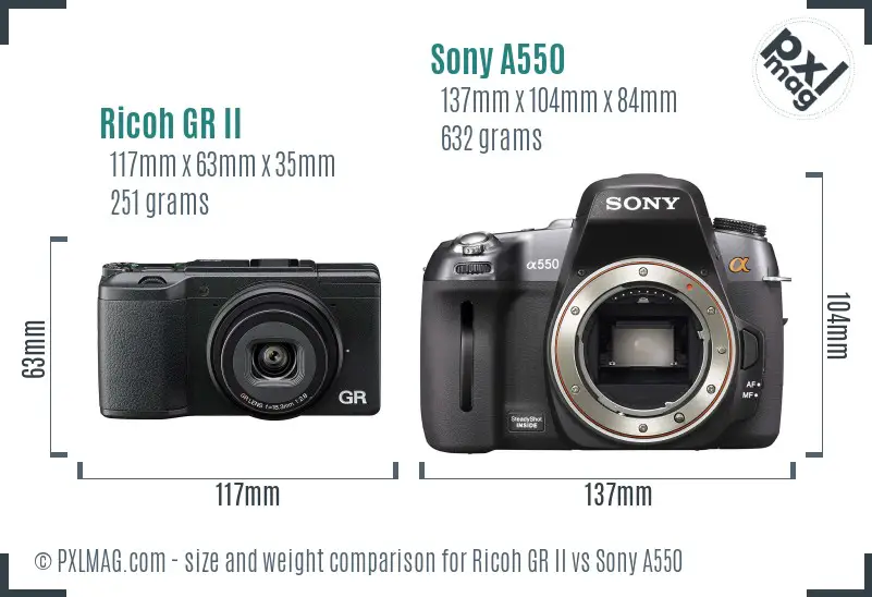 Ricoh GR II vs Sony A550 size comparison