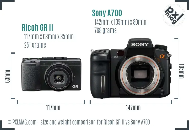 Ricoh GR II vs Sony A700 size comparison