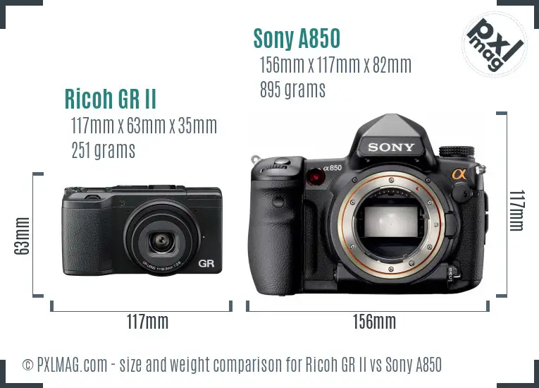 Ricoh GR II vs Sony A850 size comparison