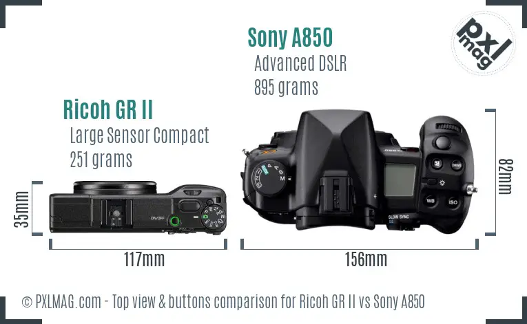 Ricoh GR II vs Sony A850 top view buttons comparison