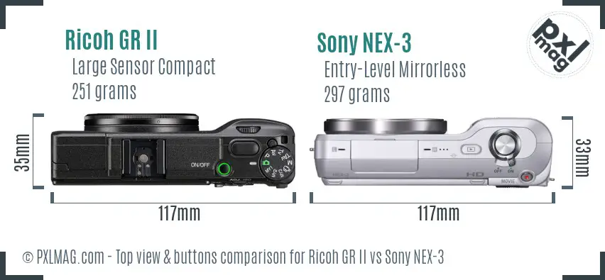 Ricoh GR II vs Sony NEX-3 top view buttons comparison