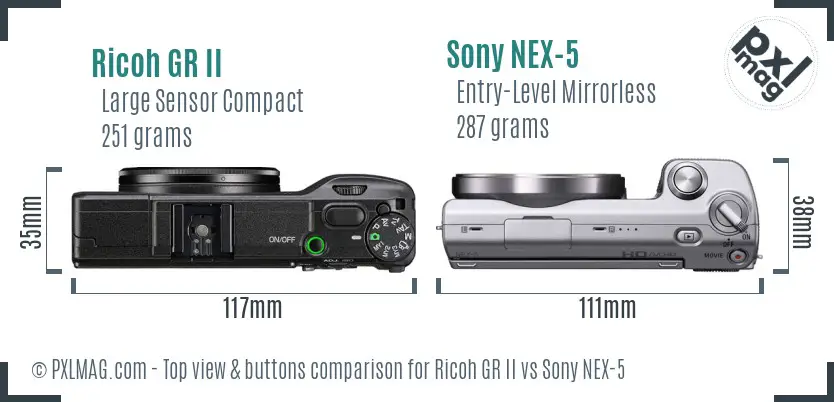 Ricoh GR II vs Sony NEX-5 top view buttons comparison Ricoh GR II vs Sony NEX-5 top view buttons comparison