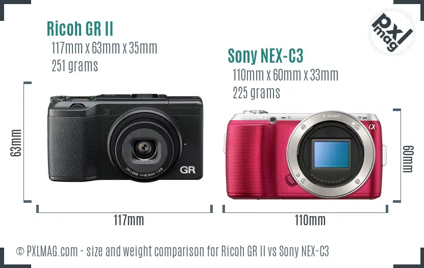 Ricoh GR II vs Sony NEX-C3 size comparison