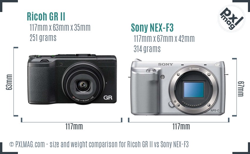 Ricoh GR II vs Sony NEX-F3 size comparison