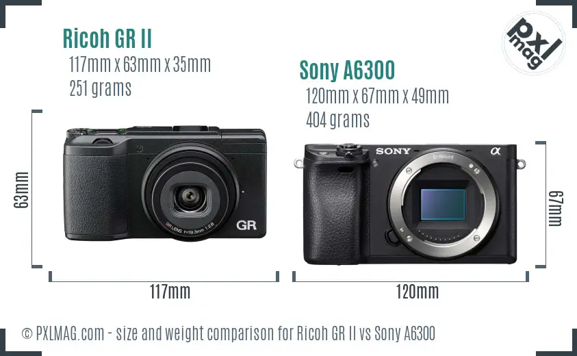 Ricoh GR II vs Sony A6300 size comparison