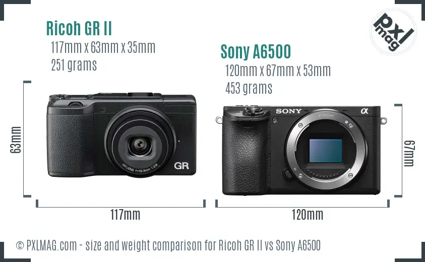 Ricoh GR II vs Sony A6500 size comparison