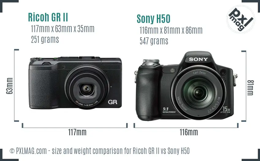 Ricoh GR II vs Sony H50 size comparison