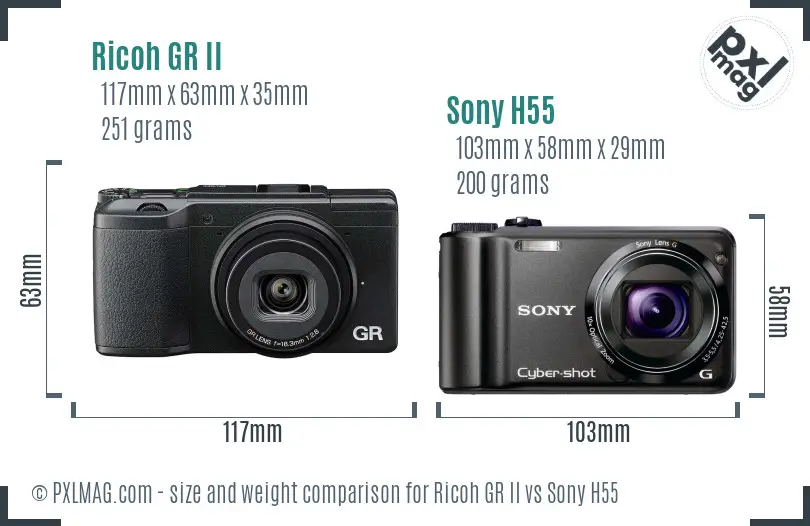 Ricoh GR II vs Sony H55 size comparison