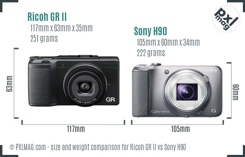 Ricoh GR II vs Sony H90 size comparison