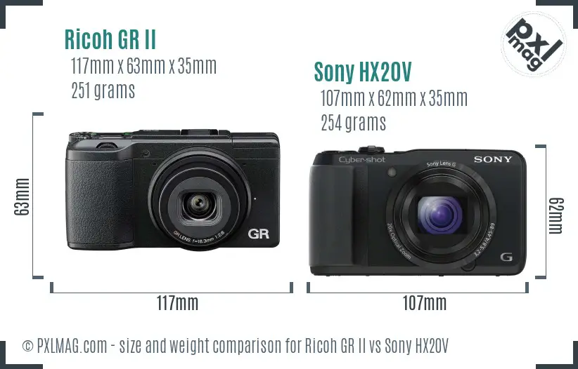 Ricoh GR II vs Sony HX20V size comparison