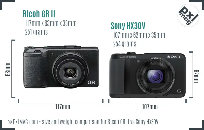 Ricoh GR II vs Sony HX30V size comparison