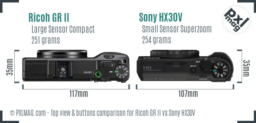 Ricoh GR II vs Sony HX30V top view buttons comparison