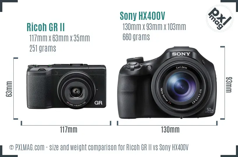 Ricoh GR II vs Sony HX400V size comparison