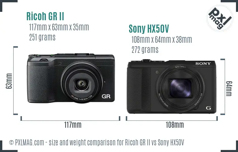 Ricoh GR II vs Sony HX50V size comparison