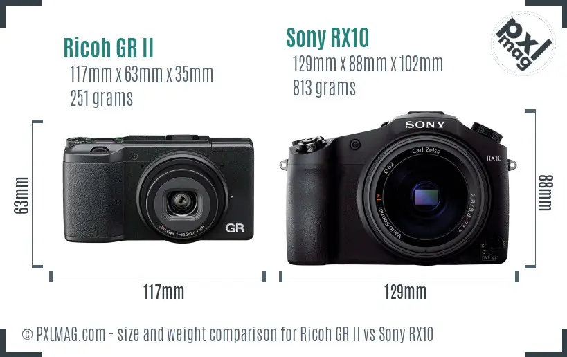 Ricoh GR II vs Sony RX10 size comparison