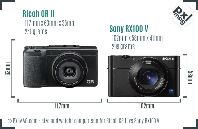 Ricoh GR II vs Sony RX100 V size comparison