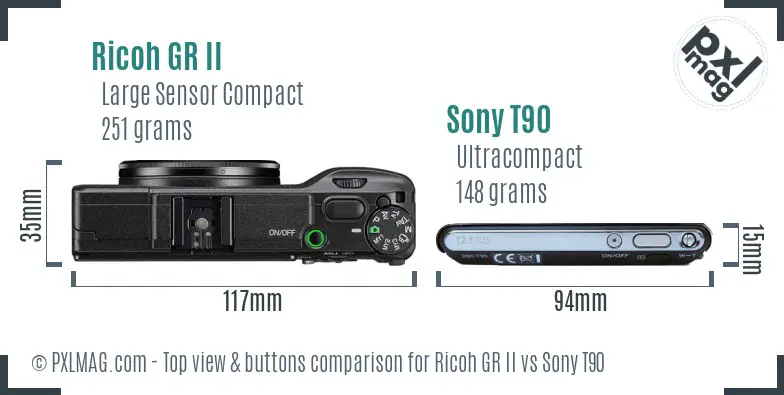 Ricoh GR II vs Sony T90 top view buttons comparison