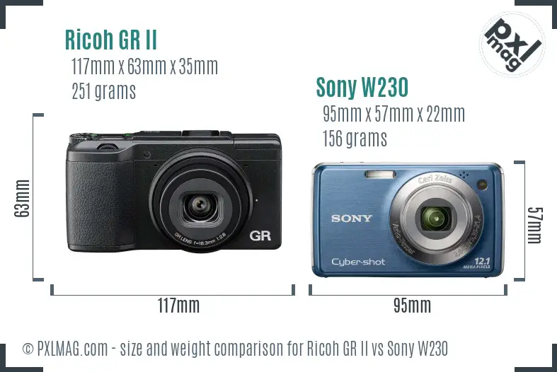 Ricoh GR II vs Sony W230 size comparison