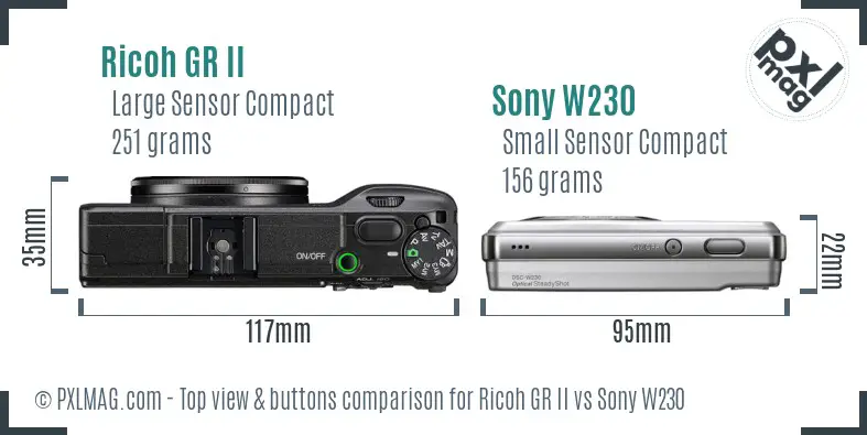 Ricoh GR II vs Sony W230 top view buttons comparison