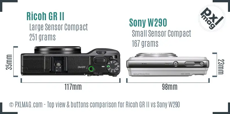 Ricoh GR II vs Sony W290 top view buttons comparison