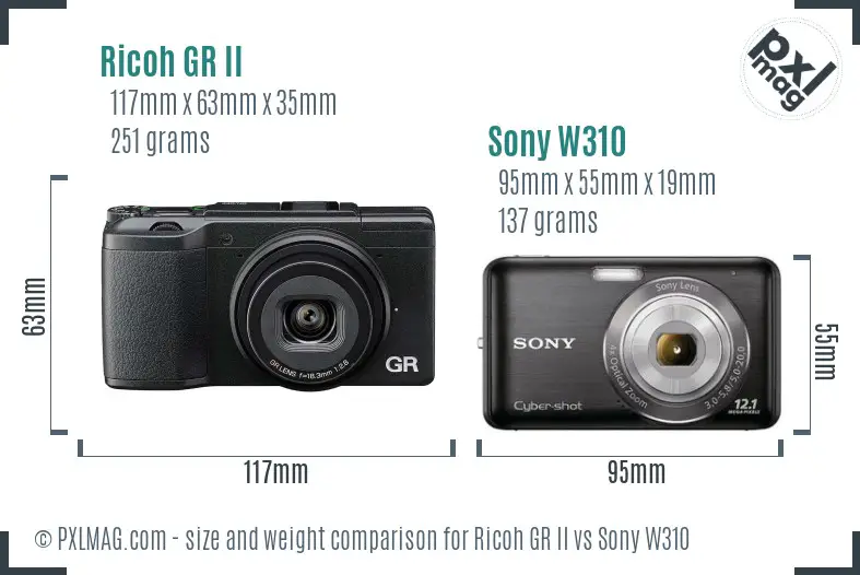 Ricoh GR II vs Sony W310 size comparison
