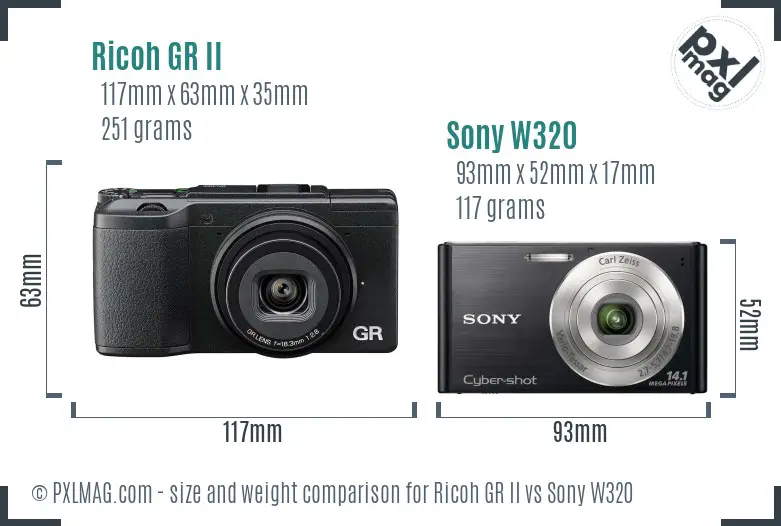 Ricoh GR II vs Sony W320 size comparison