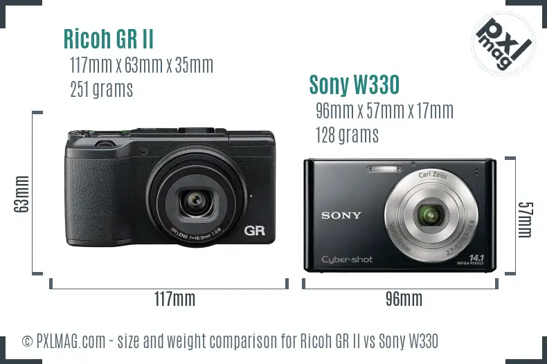 Ricoh GR II vs Sony W330 size comparison