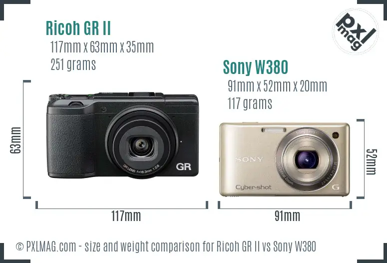 Ricoh GR II vs Sony W380 size comparison