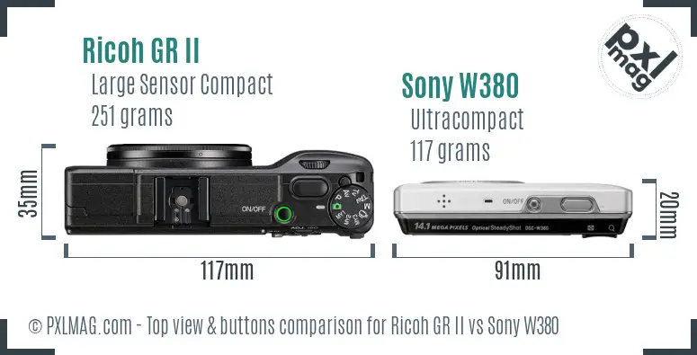 Ricoh GR II vs Sony W380 top view buttons comparison