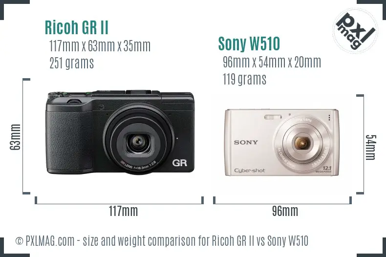 Ricoh GR II vs Sony W510 size comparison