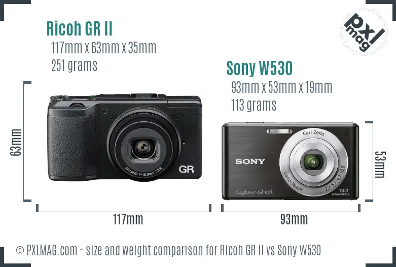 Ricoh GR II vs Sony W530 size comparison