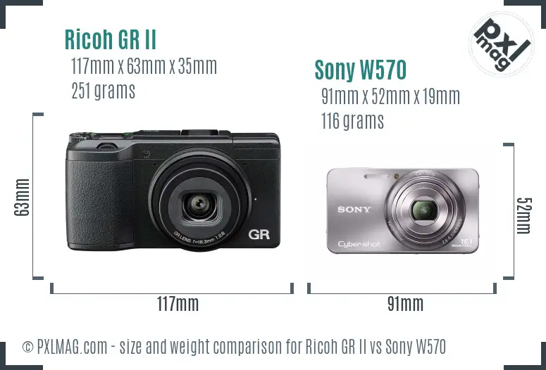 Ricoh GR II vs Sony W570 size comparison