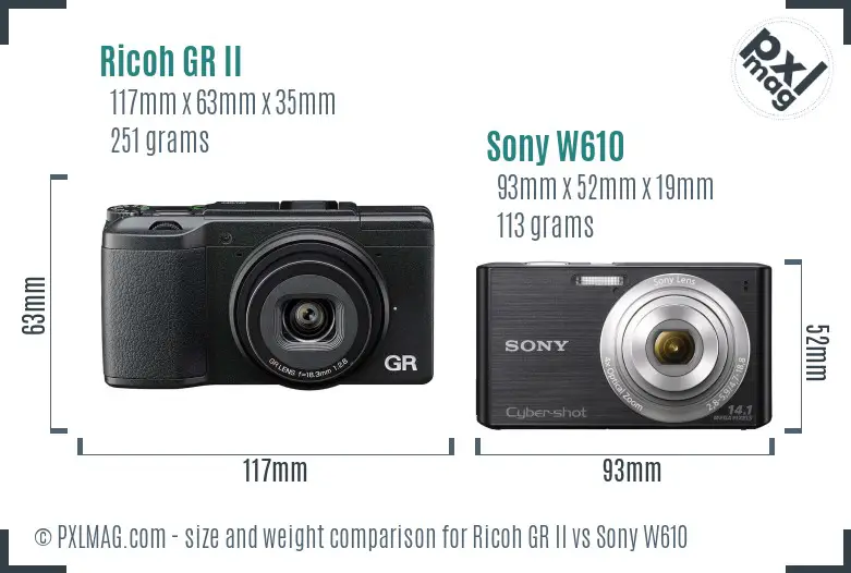 Ricoh GR II vs Sony W610 size comparison