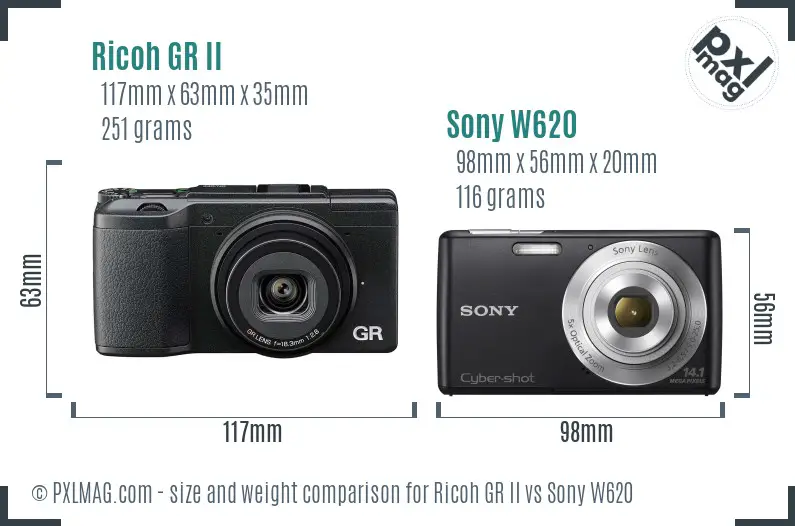 Ricoh GR II vs Sony W620 size comparison