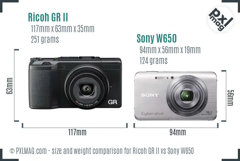 Ricoh GR II vs Sony W650 size comparison