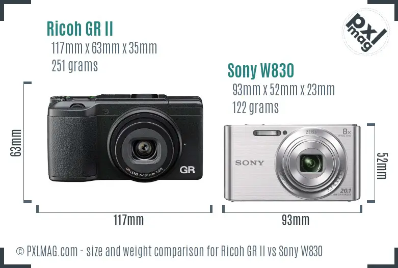 Ricoh GR II vs Sony W830 size comparison